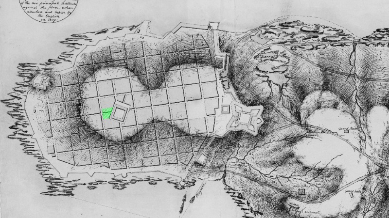 *Mapa (parcial) inglés de Montevideo en 1807. Original en Brown University, Providence, Rhode Island, Estados Unidos. En verde la zona donde probablemente se estableció la imprenta.*